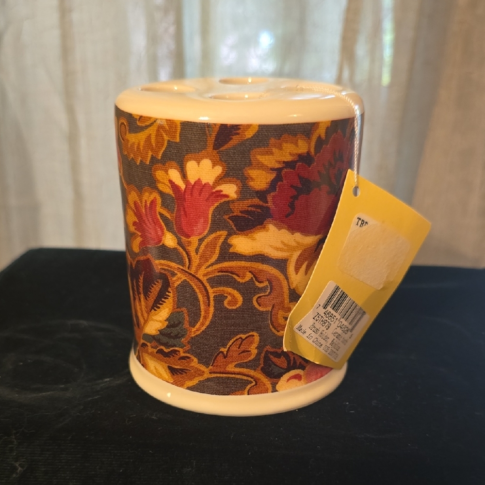 New Cypress Home Cream Brown Rust Autumn‎ Earthtones Floral Toothbrush Holder